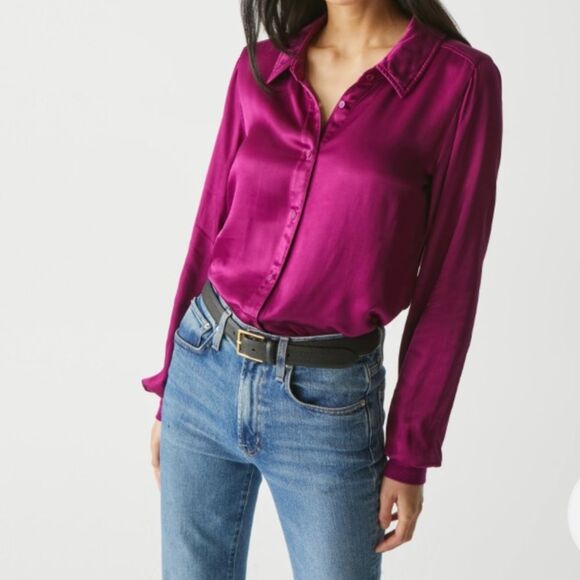 New Michael stars Meredith Satin Button Down Long Sleeve Berry Magenta Purple - Picture 1 of 9